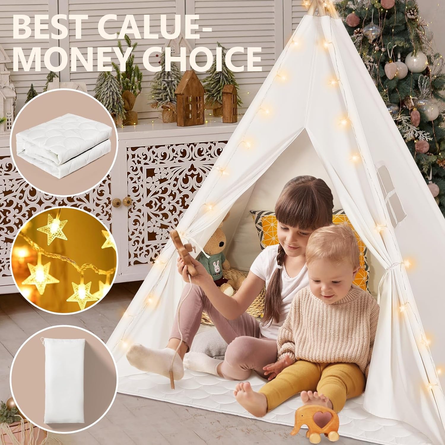 "Adventure Awaits: Deluxe Teepee Tent for Kids - Perfect for Indoor and Outdoor Playtime, Includes Carry Case - Ideal Gift for Boys and Girls (White Canvas Teepee Tent)"