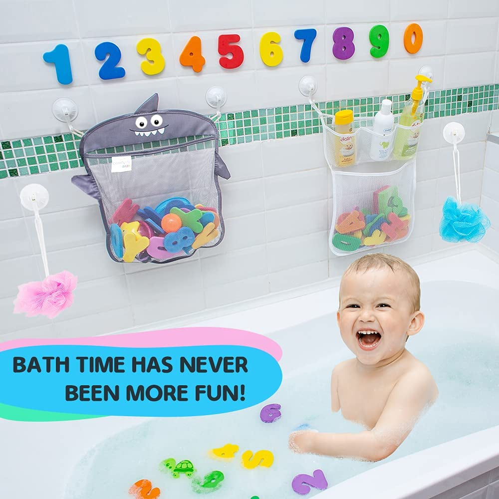 "Shark-Themed Bath Toy Organizer Set - Includes 2 Storage Nets, 8 Toy Numbers, and 10 Strong Hooks - Perfect Bath Net for Kids - Fun and Functional Bathtub Toy Organizer and Shower Caddy"