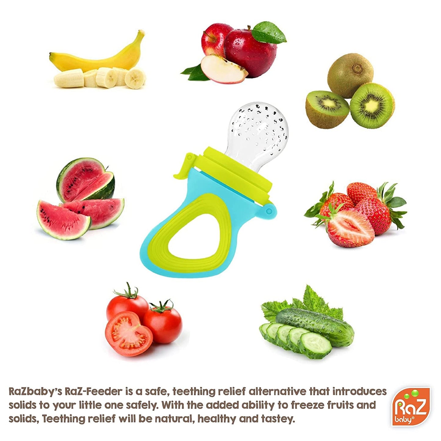 "Delicious Baby Fruit Feeder - Soothing Teething Toy with Fresh and Frozen Fruit, Bpa-Free Silicone, Perfect for 6M+ Babies, Orange/Blue"