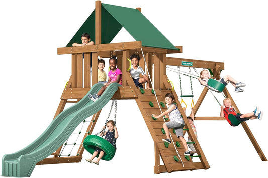 "Ultimate Outdoor Fun: Creative Playthings Northbridge Pack 1 Wooden Swing Set - Made in the USA! Features Climbing Wall, Playground Swings, Slide, and Tire Swing - 22 X 12 X 11 Ft!"
