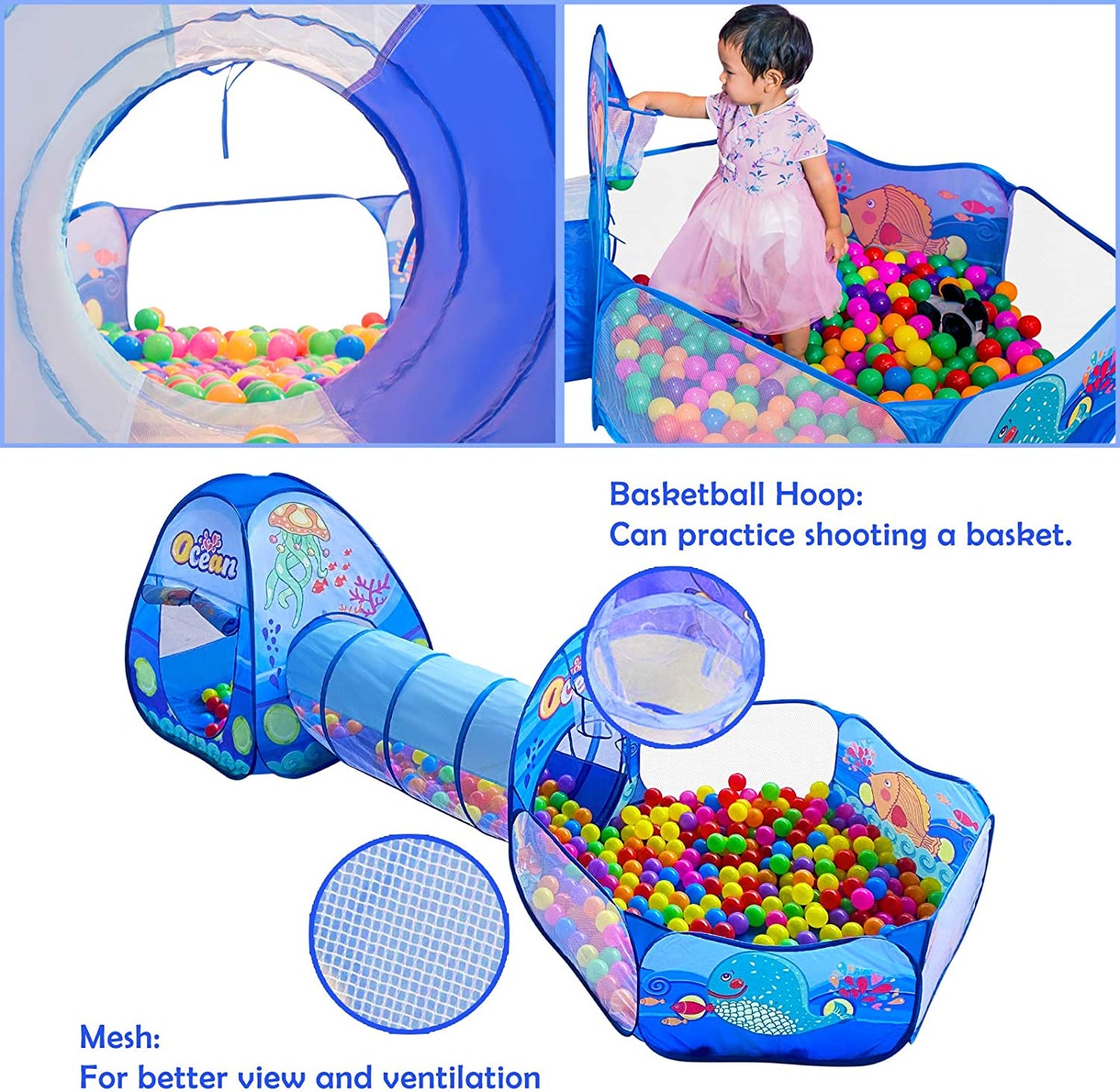 "Ultimate Fun Zone for Kids: 3-In-1 Play Tent, Tunnel, Ball Pit with Basketball Hoop - Perfect Indoor/Outdoor Toy for Boys & Girls - Ideal Gift for 3-Year-Olds"