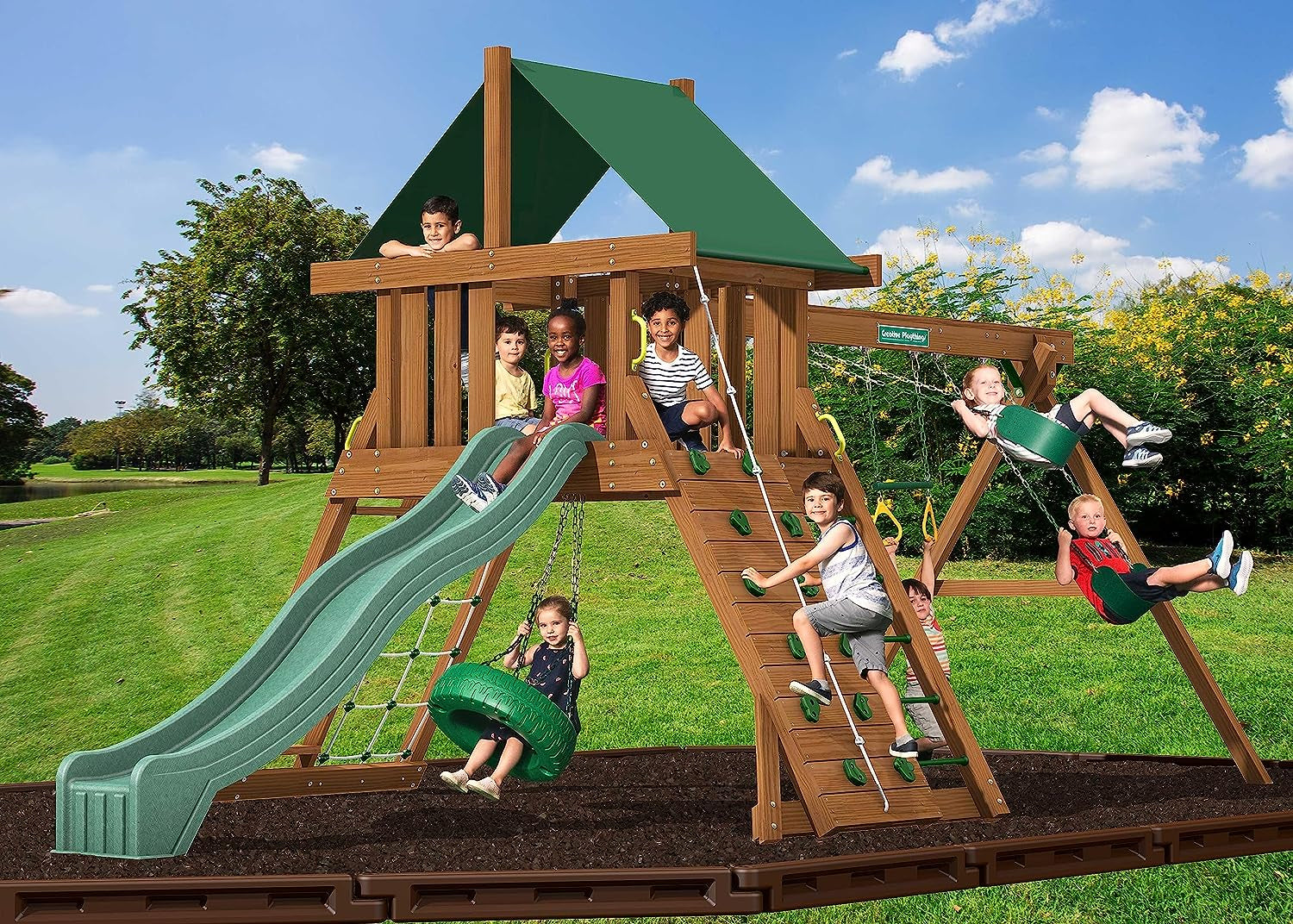 "Ultimate Outdoor Fun: Creative Playthings Northbridge Pack 1 Wooden Swing Set - Made in the USA! Features Climbing Wall, Playground Swings, Slide, and Tire Swing - 22 X 12 X 11 Ft!"