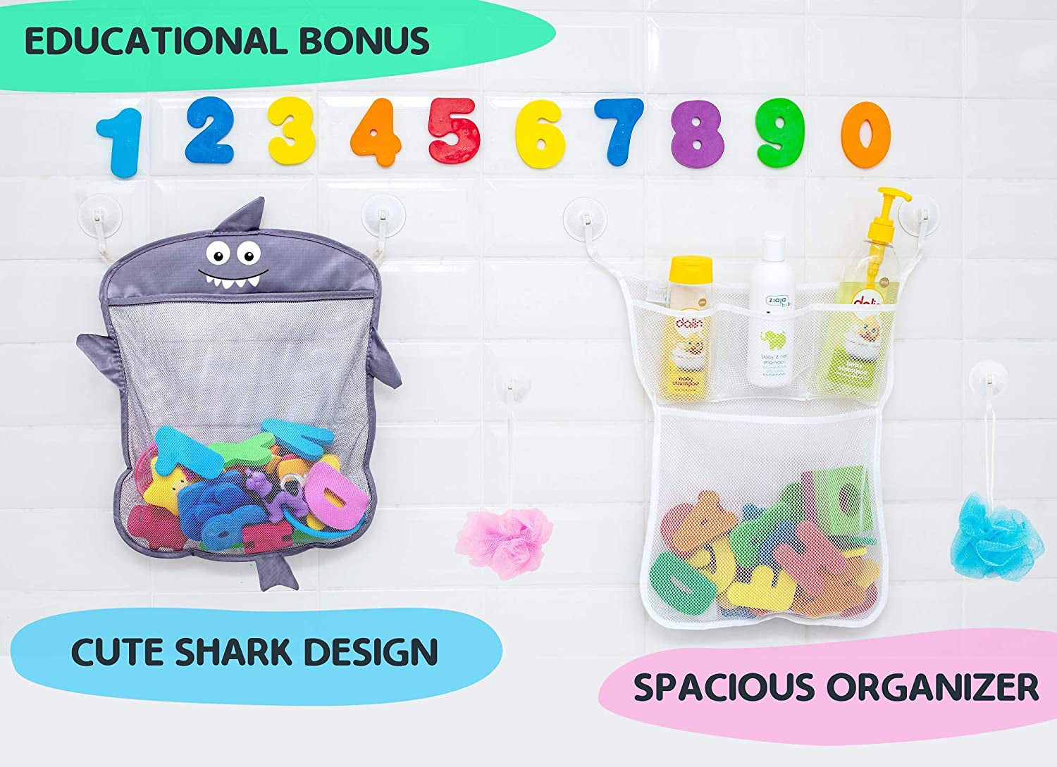 "Shark-Themed Bath Toy Organizer Set - Includes 2 Storage Nets, 8 Toy Numbers, and 10 Strong Hooks - Perfect Bath Net for Kids - Fun and Functional Bathtub Toy Organizer and Shower Caddy"