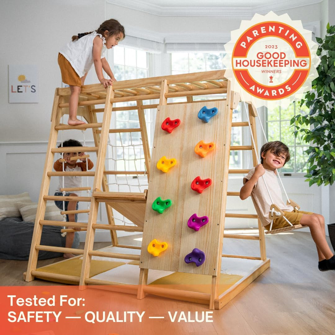 "Ultimate Adventure Jungle Gym Playset for Kids 2-6Yrs - Slide, Climbing Wall, Monkey Bars, and Swing - Premium Wooden Climb Set by Magnolia Indoor Playground. Made in USA!"
