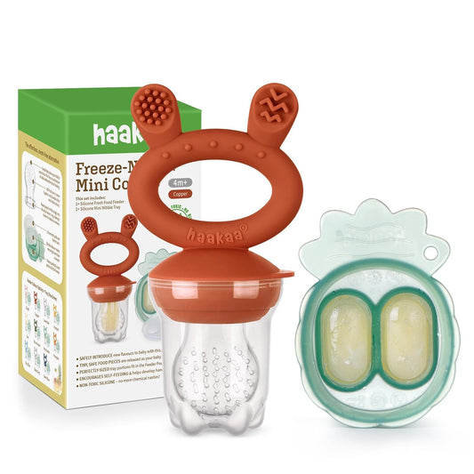 "Deluxe Baby Fruit Feeder & Mini Freezer Nibble Tray Combo - Perfect Solution for Cooling Relief and Self-Feeding! Bpa-Free Silicone Feeder for Safe Infant Nutrition. Ideal for Babies 4 Months and Up! (Copper)"